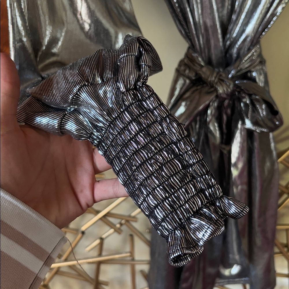 Betsey Johnson Shiny Silver Long Sleeve mini Dress belted waist XS - Picture 3 of 5